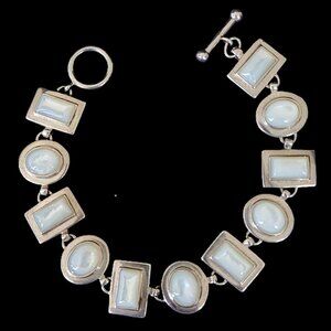 Vintage Sterling Silver 925 Mother of Pearl MOP Geometric Toggle Bracelet